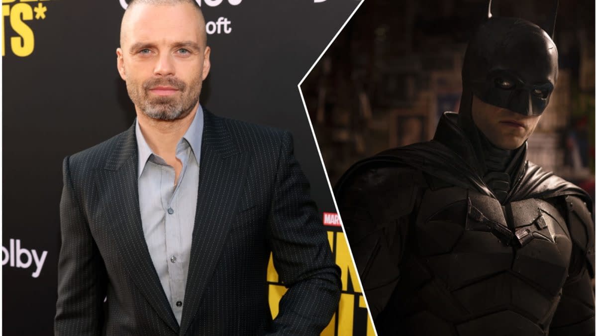 A split image featuring Sebastian Stan in a stylish black suit on the left, and a brooding shot of a character in a dark Batman suit on the right. The background includes promotional elements related to 'The Batman Part II.'