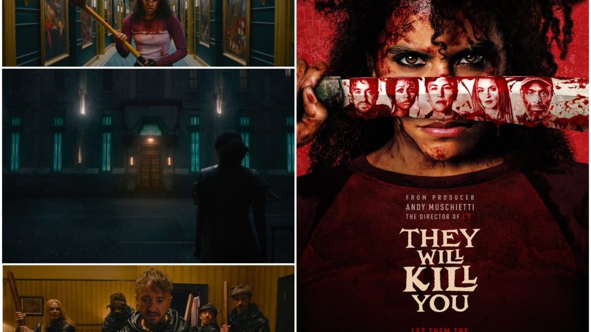 A promotional poster for the film "They Will Kill You," featuring a bloodied woman holding a knife with images of other characters displayed on the blade. The poster has a dark and ominous tone, suggesting a horror movie atmosphere.