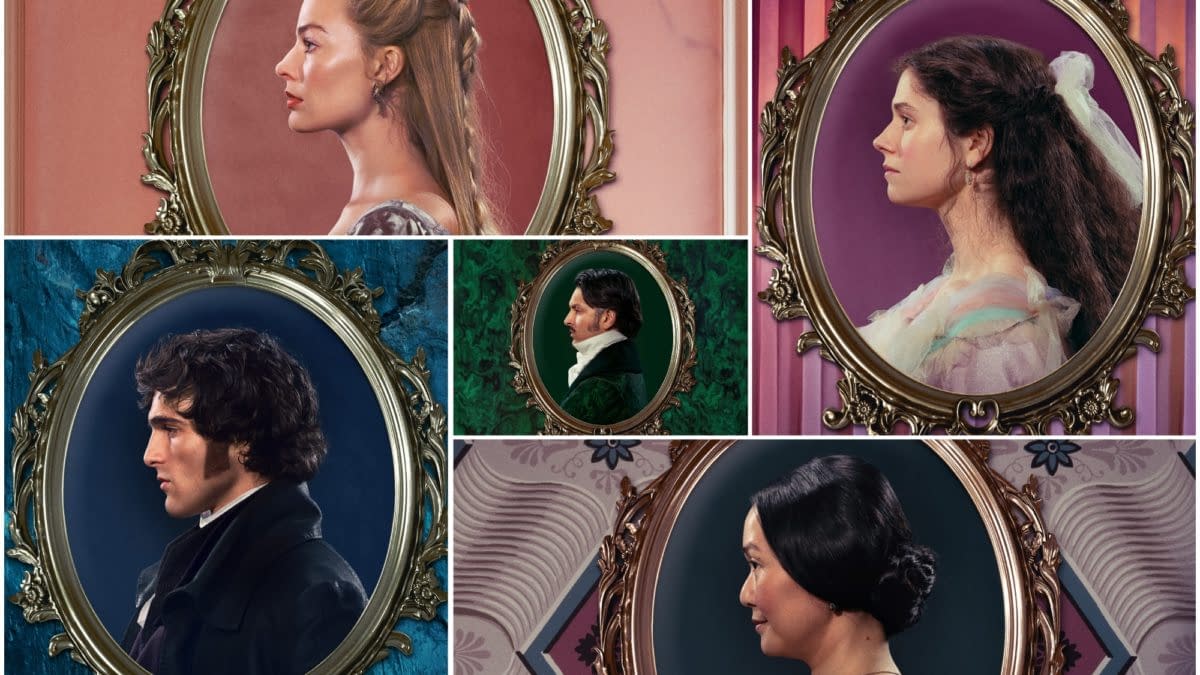A collage of character posters for 'Wuthering Heights,' featuring profile portraits of key characters framed in ornate designs. The portraits showcase diverse characters with varying hairstyles and attire, all set against colorful backgrounds.