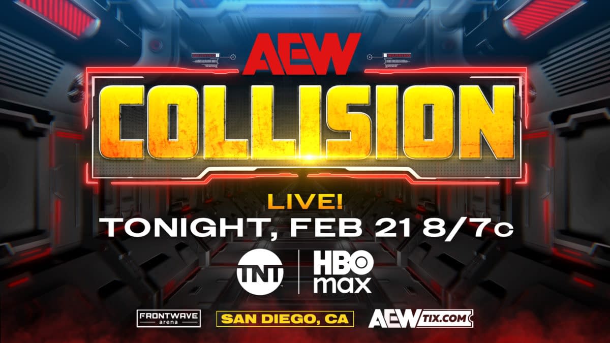 A promotional graphic for AEW Collision with bold text displaying 'COLLISION' and details about the event, including the date, time, and platform. The background features a futuristic design with red and black elements.