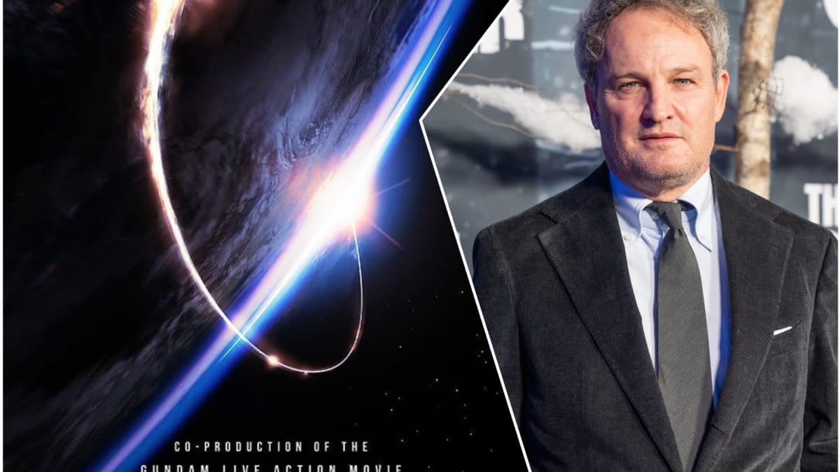 A promotional image for the Gundam live-action movie features a space backdrop with a bright light arc, alongside a portrait of actor Jason Clarke in formal attire.
