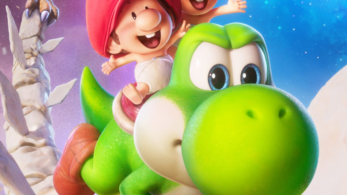 A colorful illustration from 'The Super Mario Galaxy Movie' featuring Yoshi, a green dinosaur-like character, with two childlike characters wearing red and green caps, reminiscent of Mario and Luigi. In the background, a dinosaur is seen roaring near a waterfall and a distant planet can be seen in the starry sky.
