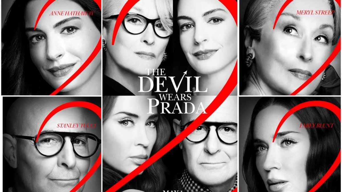 A black and white collage featuring close-up portraits of the cast from 'The Devil Wears Prada 2,' including Meryl Streep, Anne Hathaway, Emily Blunt, and Stanley Tucci, with a prominent red '2' overlaying the images.