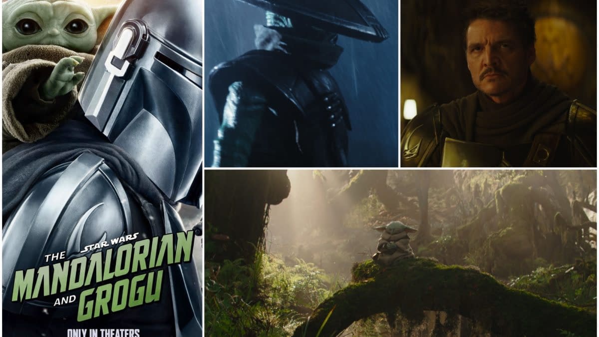 A collage featuring the characters The Mandalorian and Grogu from Star Wars, showcasing their adventurous journey through various scenes. The image includes a promotional poster with the text 'The Mandalorian and Grogu' and release details.