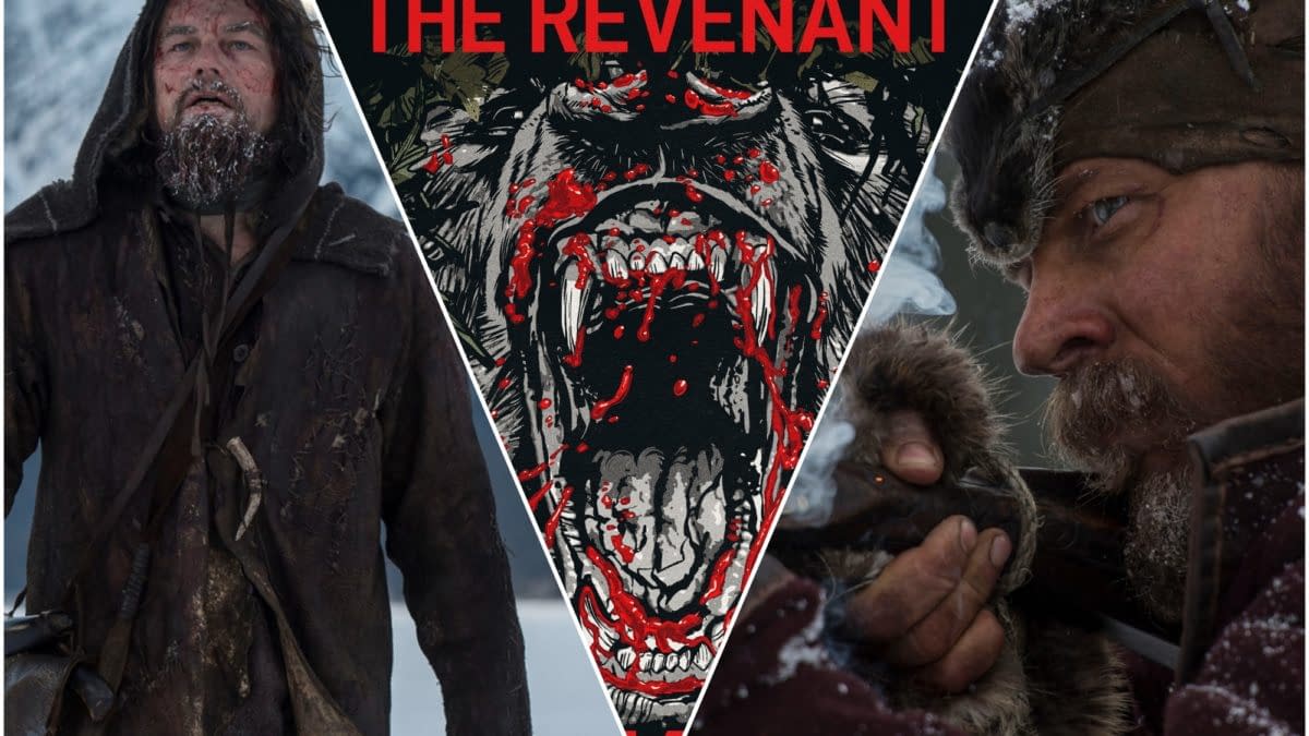 A promotional collage for 'The Revenant', featuring a rugged character played by Leonardo DiCaprio on the left, a fierce graphic of an animal splattered with blood at the center, and Tom Hardy aiming a gun on the right. The title 'The Revenant' is displayed prominently at the top, emphasizing the film's 10th anniversary re-release.