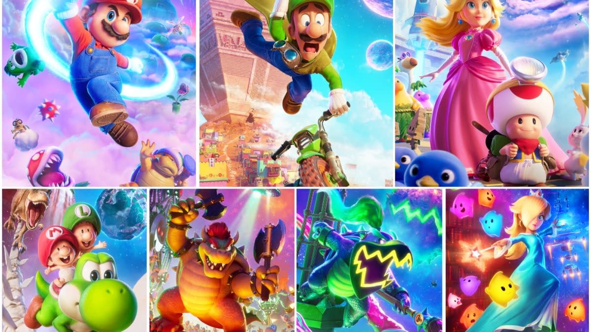 A vibrant cartoon-style poster featuring characters from the Super Mario Galaxy movie. Prominent characters like Mario, Luigi, Princess Peach, Toad, Bowser, and Yoshi are depicted in various colorful scenes set in a fantastical galaxy landscape.