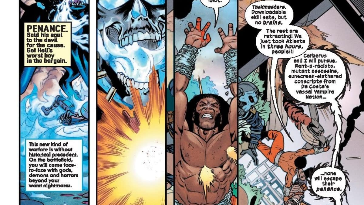 A comic book page featuring a group of diverse heroes engaged in an intense battle. One character is chained and looks determined despite the odds, while another character, appearing as a skeletal figure, is depicted with ominous energy surrounding them. Dialogue bubbles express urgency and determination in the fight against gods and demons.