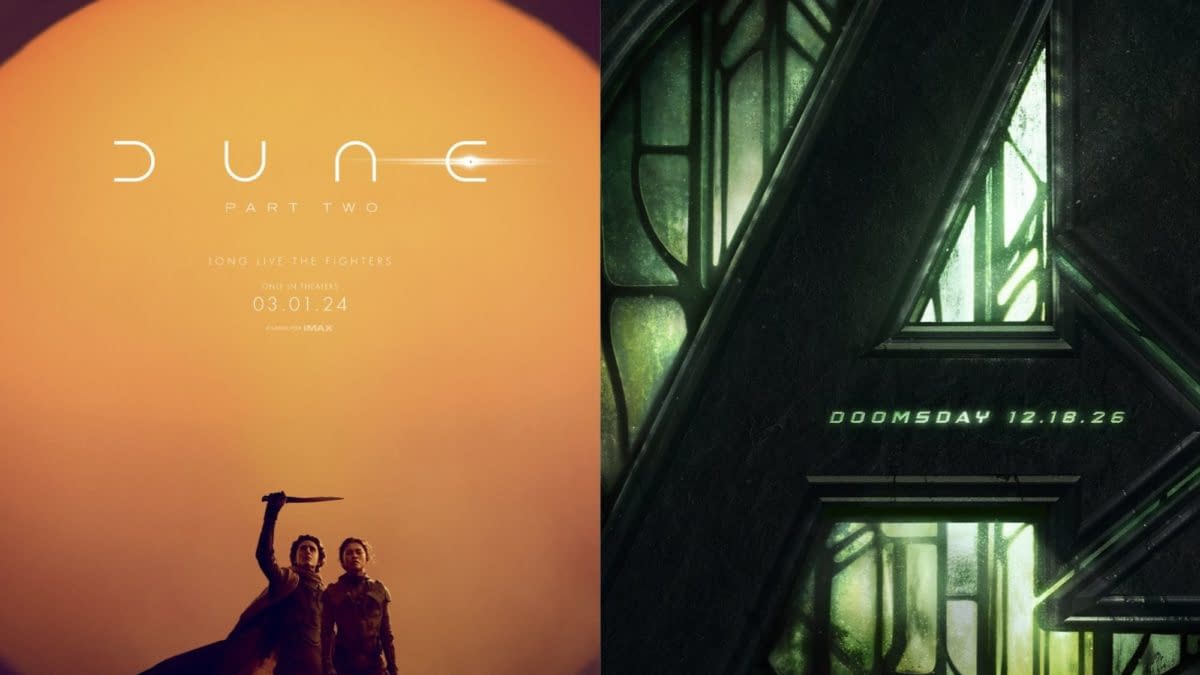 A digital collage featuring two movie posters: the left poster promotes 'Dune: Part Two' with a dramatic sunset backdrop and characters holding weapons, while the right poster features a stylized 'A' representing Avengers, accompanied by the release date 'Doomsday 12.18.26'.