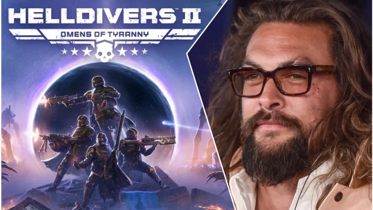 The image features promotional artwork for 'Helldivers II', showcasing armored soldiers with guns in a sci-fi landscape, and includes a photo of Jason Momoa with glasses and a beard on the right.
