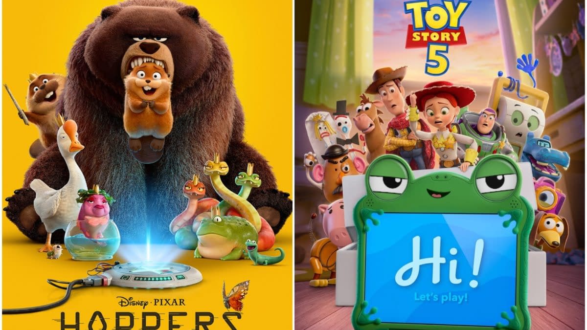 The image features characters from Disney Pixar's "Hoppers" and "Toy Story 5," showcasing a large bear and various animated creatures on the left, and beloved toy characters like Woody and Buzz Lightyear on the right, in a colorful, vibrant setting.