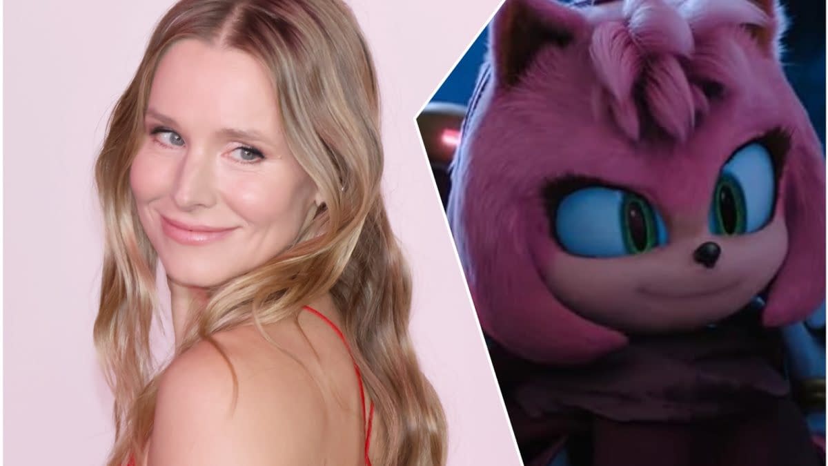 A split image featuring Kristen Bell smiling warmly on the left and the cartoon character Amy Rose from Sonic the Hedgehog 4 on the right, who has vibrant pink fur and large blue eyes. This promotional image connects the actress to the video game franchise.
