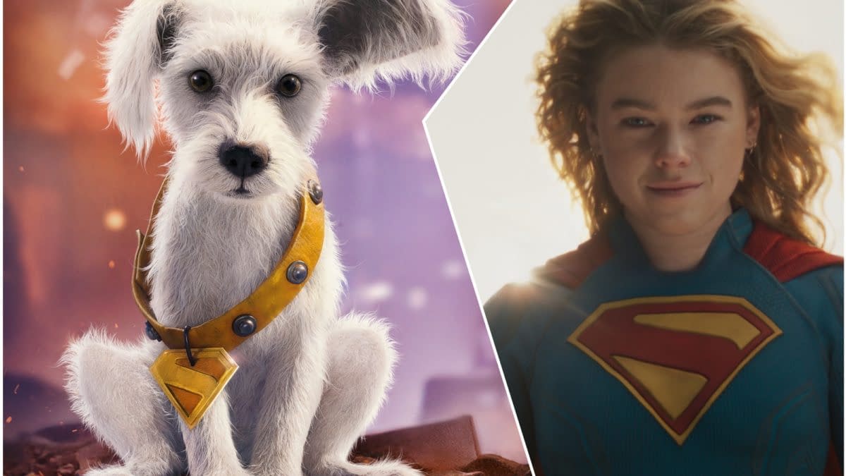 A cartoon illustration features Krypto, a fluffy white dog wearing a yellow collar with a super emblem, alongside Supergirl, who is smiling and wearing her blue and red superhero suit. This image highlights Krypto as a supportive pup, emphasizing their partnership.