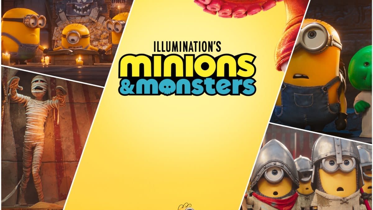 A colorful cartoon promotional image for 'Illumination's Minions & Monsters,' featuring multiple Minions in various playful poses alongside a mummy and other whimsical characters, all set against a bright yellow background.
