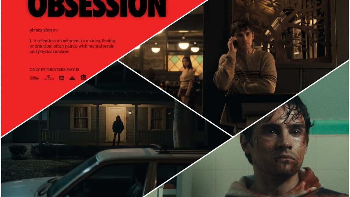 A promotional poster for the film 'Obsession', featuring scenes of two characters: one on a phone in a cozy environment, a woman in a dark setting outside a house, and a distressed man with blood on his face. The background is a striking red with the title and a definition of 'obsession' prominently displayed.
