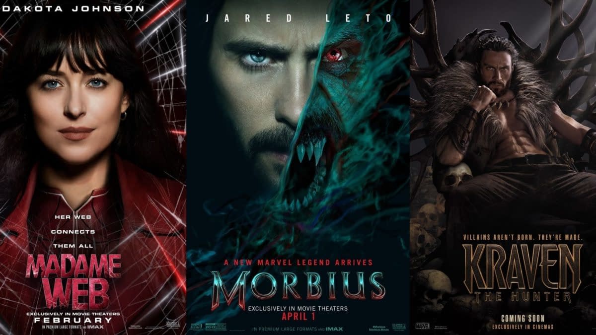 A promotional collage featuring three movie posters: 'Madame Web' with Dakota Johnson, 'Morbius' showcasing Jared Leto, and 'Kraven the Hunter' with a muscular character in a dramatic pose. The designs emphasize the Marvel universe and its characters.