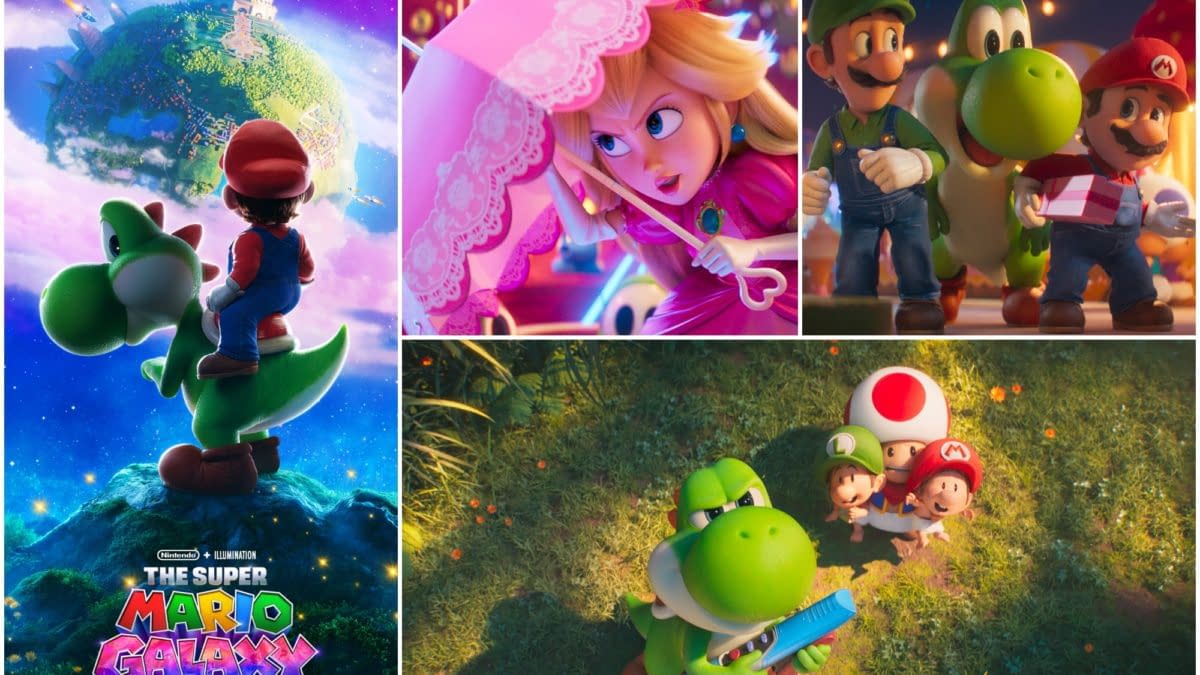 The poster for "The Super Mario Galaxy Movie" features Mario riding Yoshi, with colorful planets in the background. Other scenes show Princess Peach with an umbrella, Yoshi with a toy gun, and the characters Luigi and Mario interacting joyfully.