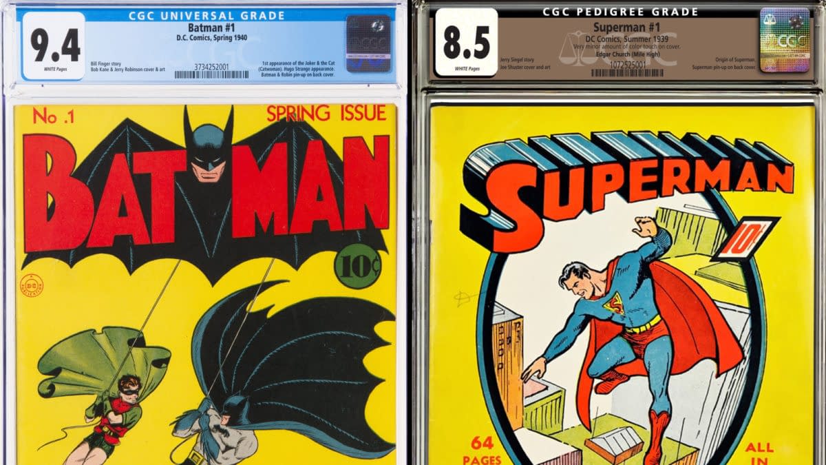 A side-by-side display of two vintage comic books: Batman #1 from Spring 1940 on the left, graded 9.4, and Superman #1 from Summer 1939 on the right, graded 8.5.