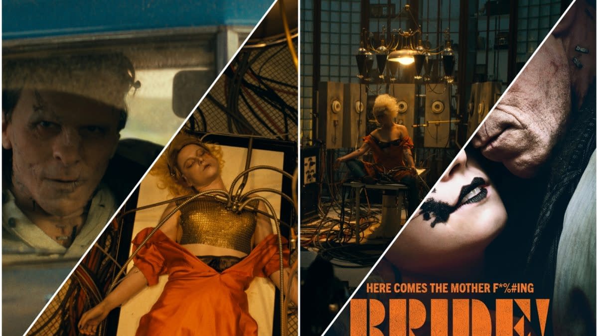 A collage featuring a male figure with scars, a woman lying on a table with wires attached, and another woman in an orange dress sitting in a dark room. The image prominently displays the text 'HERE COMES THE MOTHER F*^#ING BRIDE!'.