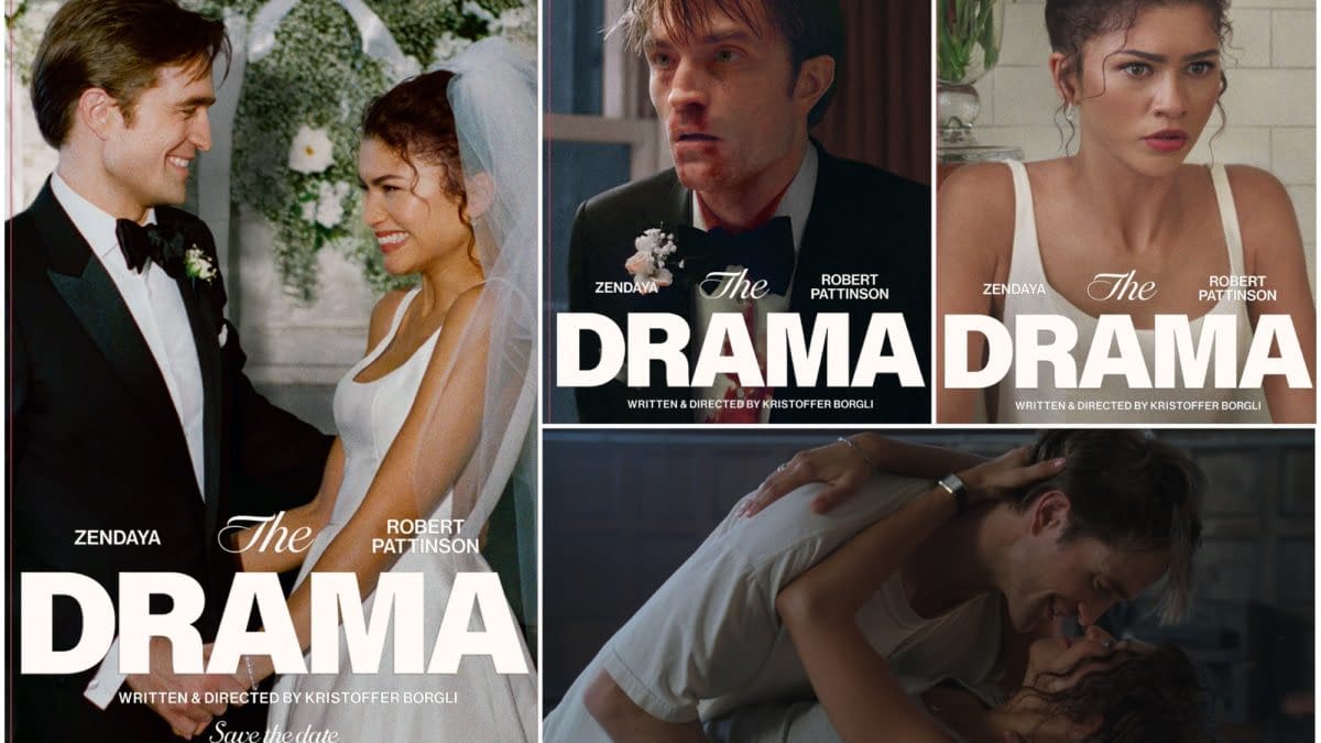 Promotional collage for 'The Drama' featuring Zendaya and Robert Pattinson in various emotional scenes, including a wedding setting and intimate moments, with bold titles and details about the film's release date.