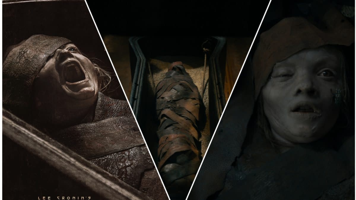 A collage featuring scenes from Lee Cronin's 'The Mummy.' One segment shows a screaming figure, another displays a wrapped mummy in a sarcophagus, and the third features a partially uncovered, eerie figure with a haunting expression.