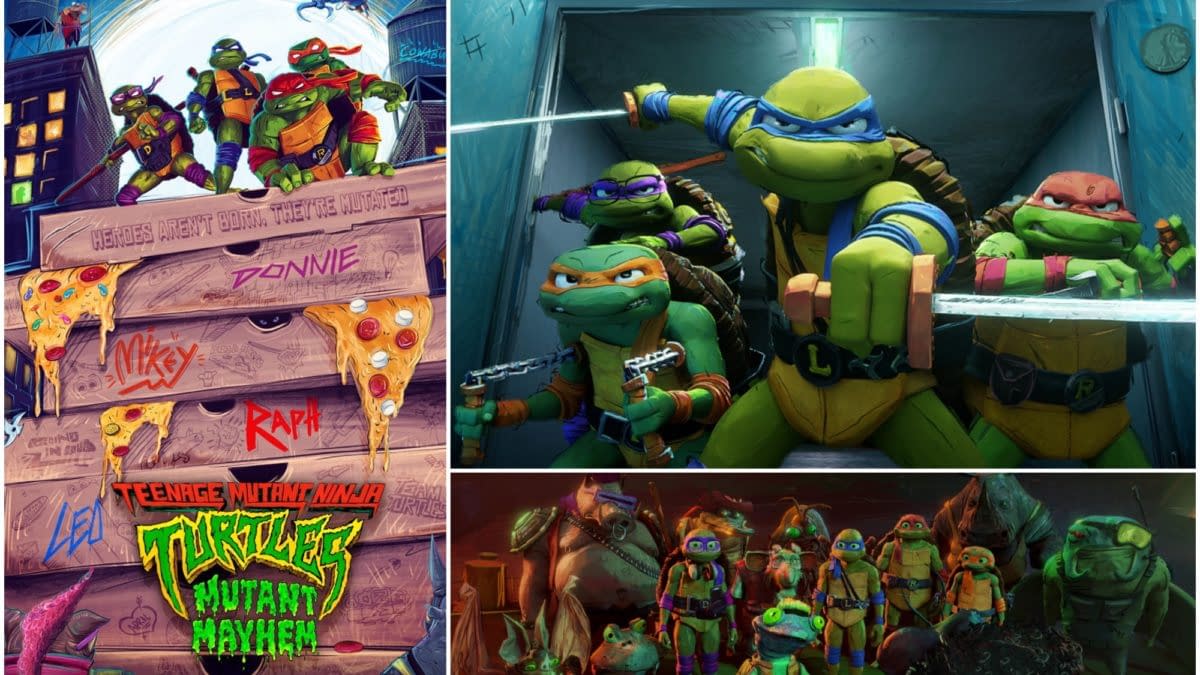 A colorful cartoon illustration featuring the Teenage Mutant Ninja Turtles, showcasing four turtles in action poses, alongside pizza-themed elements and text that highlights their names and the phrase "Heroes Aren't Born, They're Mutated". The image is promotional for the movie 'Teenage Mutant Ninja Turtles: Mutant Mayhem'.
