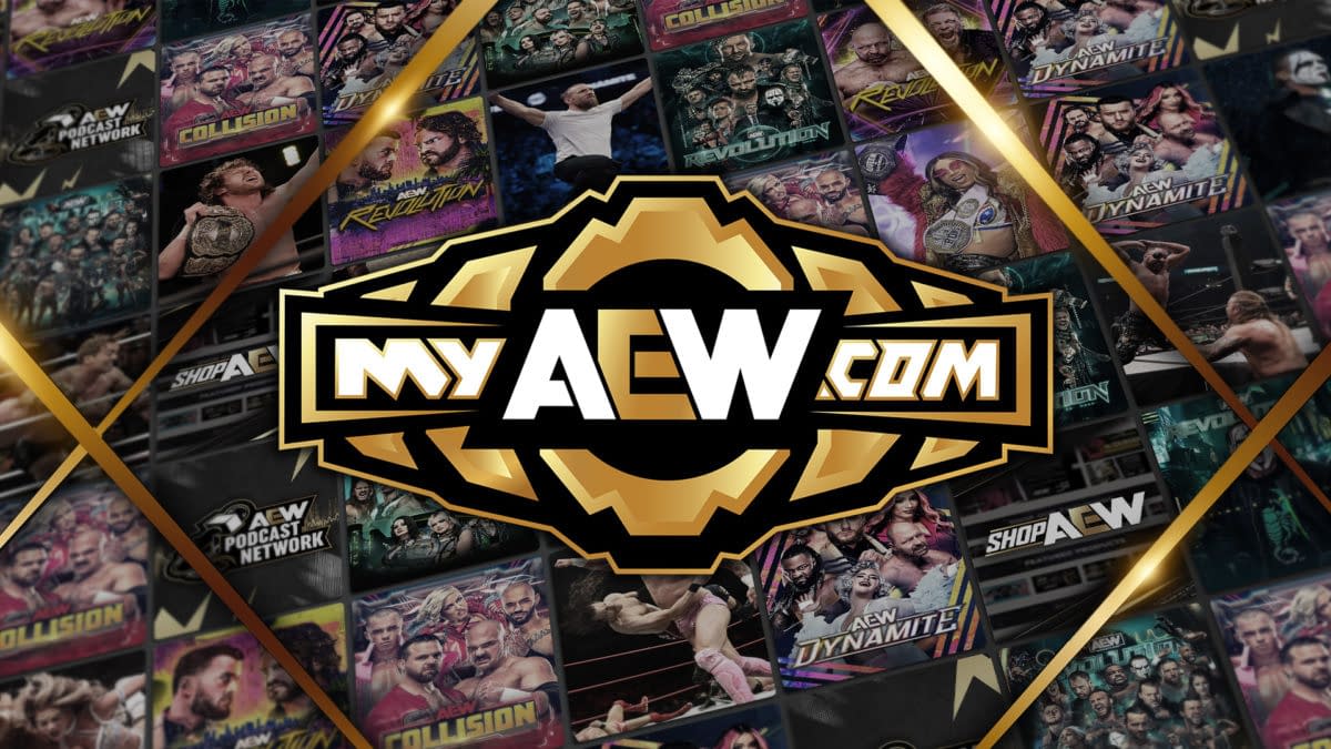 A graphic featuring the MyAEW streaming service logo, which is prominently displayed in black and gold, surrounded by various AEW event images and promotional content. The background includes several highlighted shows like AEW Revolution and AEW Collision.