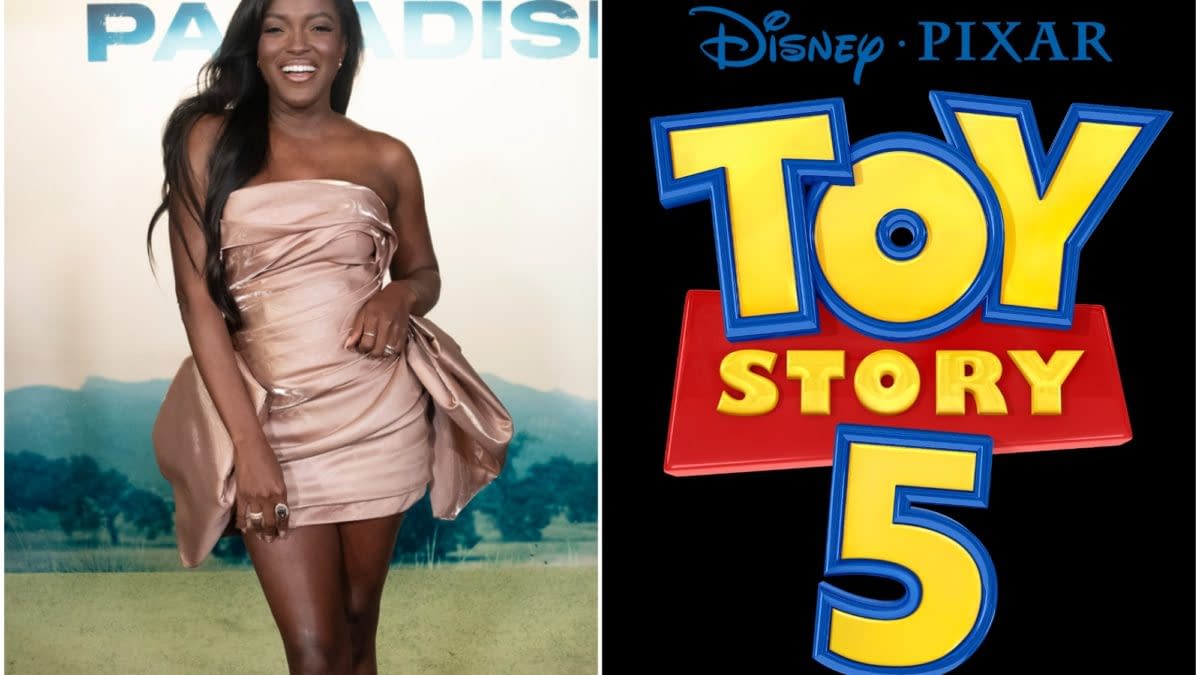 A joyful Krys Marshall poses in a stylish pink dress, with a green landscape backdrop, next to the colorful logo for 'Toy Story 5' featuring the Disney and Pixar branding.