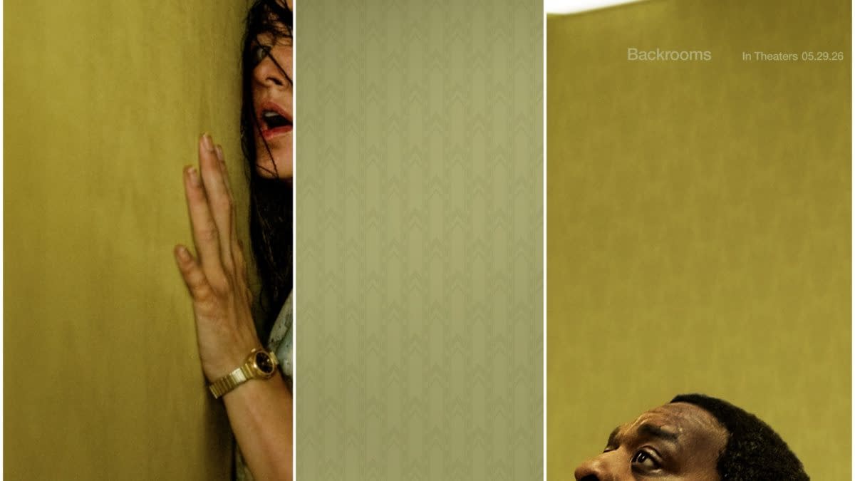 A tense scene from 'Backrooms' featuring a woman pressing her hand against a wall with a frightened expression, and a man looking upwards, both set in a claustrophobic yellow room. The text 'Backrooms' and 'In Theaters 05.29.26' appears at the bottom.