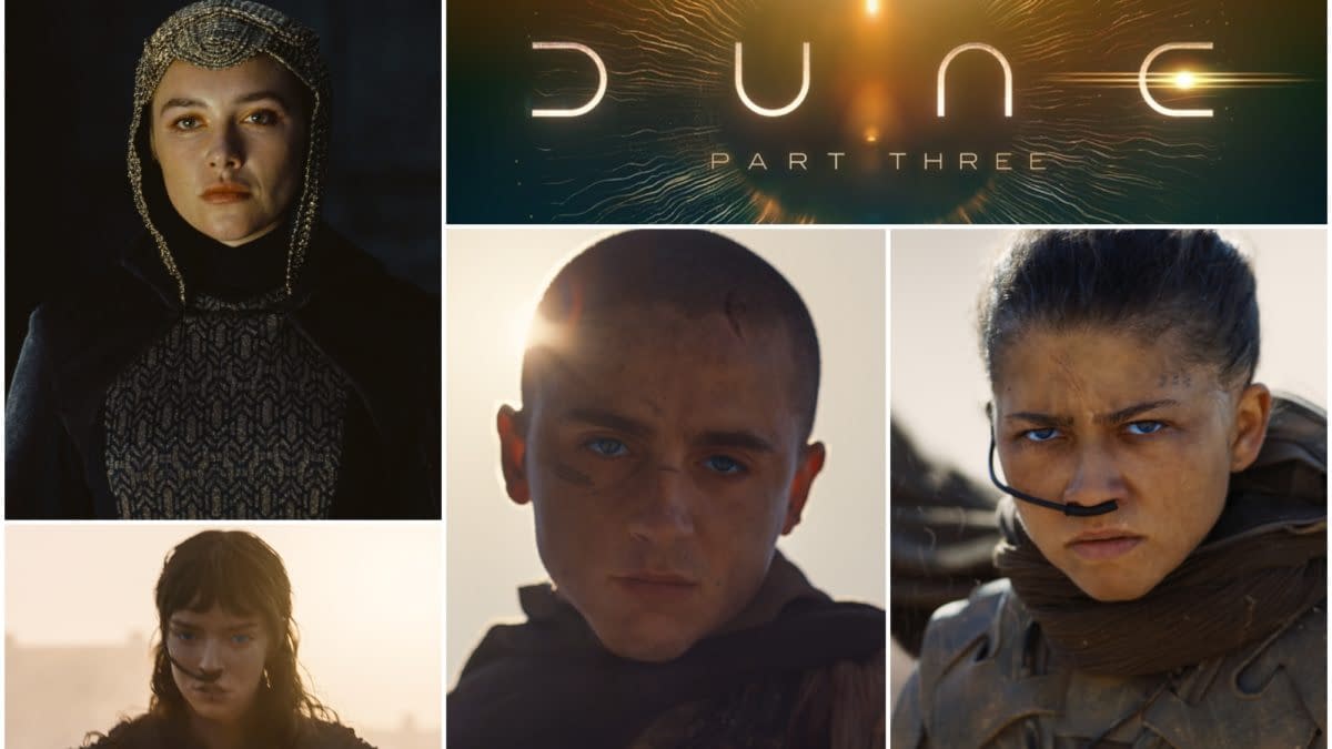 A feature image for 'Dune: Part Three' showcasing key characters in dramatic close-ups, with the title 'DUNE PART THREE' displayed prominently in the center, stylized against a shimmering background. The characters display intense expressions, capturing the film's themes of conflict and resilience.