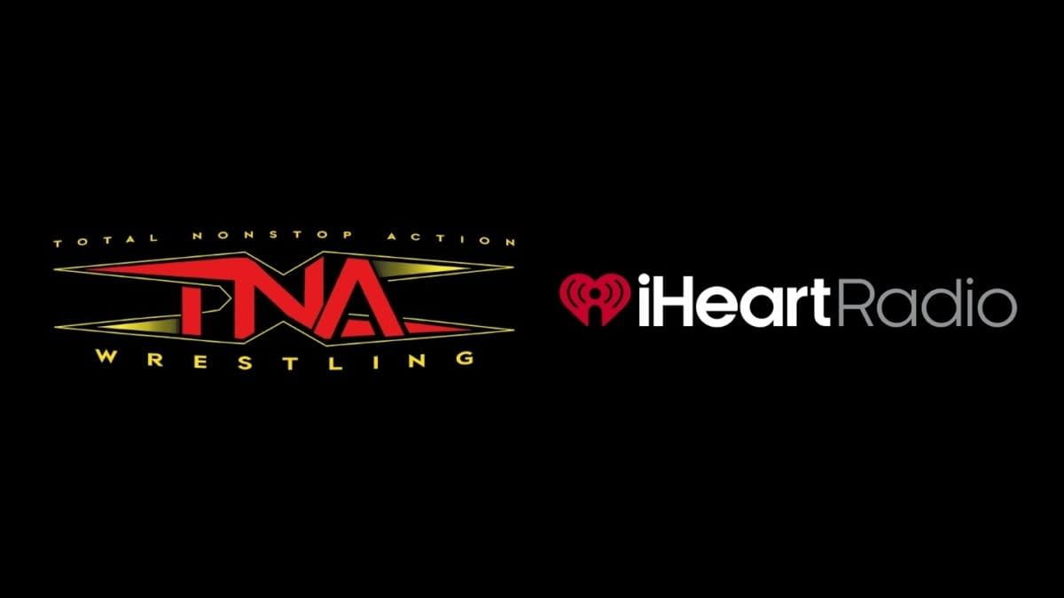 The logo for TNA Wrestling, featuring bold red letters and yellow accents, is displayed alongside the iHeartRadio logo, which includes a red heart symbol. Both logos are set against a black background.
