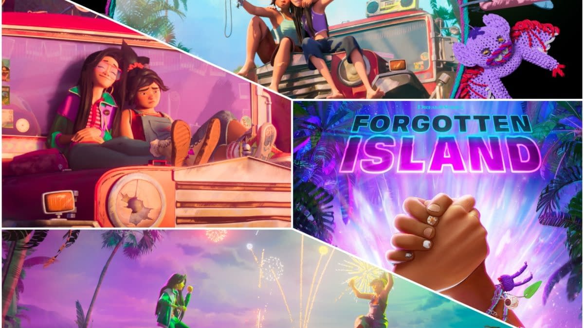 A vibrant illustration for "Forgotten Island," featuring scenes of friendship among characters, tropical landscapes, fireworks, and playful moments that evoke a sense of adventure and connection.