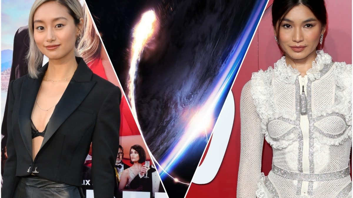 A split image featuring Shioli Kutsuna in a black blazer on the left and Gemma Chan in a sparkling white outfit on the right, with a cosmic background illustrating a dynamic scene from a Gundam film.