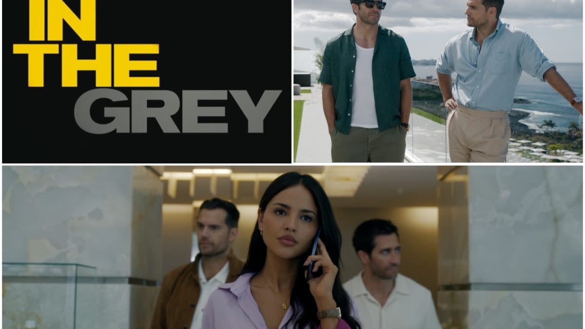 A logo featuring the title 'IN THE GREY' in bold yellow and gray letters is displayed above three scenes: two men in casual attire standing outside with a coastal view, and a woman in a pink blouse on the phone with two men behind her in a modern interior.