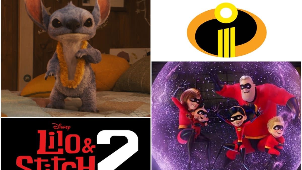 A cartoon image featuring Stitch, a blue alien character from Disney's "Lilo & Stitch 2," alongside the logo of "The Incredibles" by Pixar, showcasing characters from the movie including Mr. Incredible and Elastigirl. The background includes vibrant elements that highlight both films.