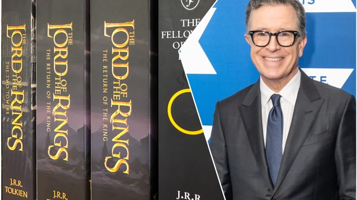 The image features a close-up of 'The Lord of the Rings' book series by J.R.R. Tolkien, alongside a portrait of Stephen Colbert smiling, set against a blue backdrop with geometric patterns.