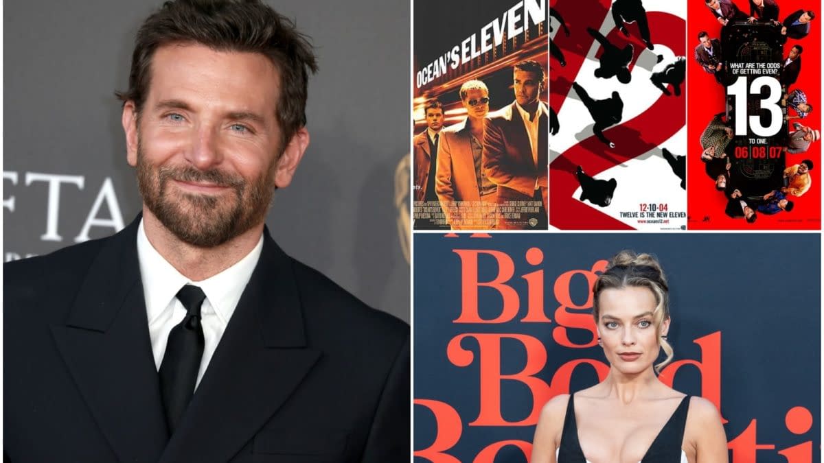 Bradley Cooper smiles at the camera, dressed in a black suit with a white shirt, next to a promotional display featuring posters from the 'Ocean's' film series. Margot Robbie poses in a stylish black dress against a vibrant red backdrop with the words 'Big Bad Bet.'