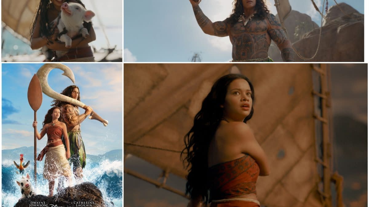 Collage featuring key moments from Disney's 'Moana,' showcasing Moana with a pig, Moana and Maui in action, and a close-up of Moana looking determined. The poster at the bottom features Moana and Maui standing heroically in front of the ocean.