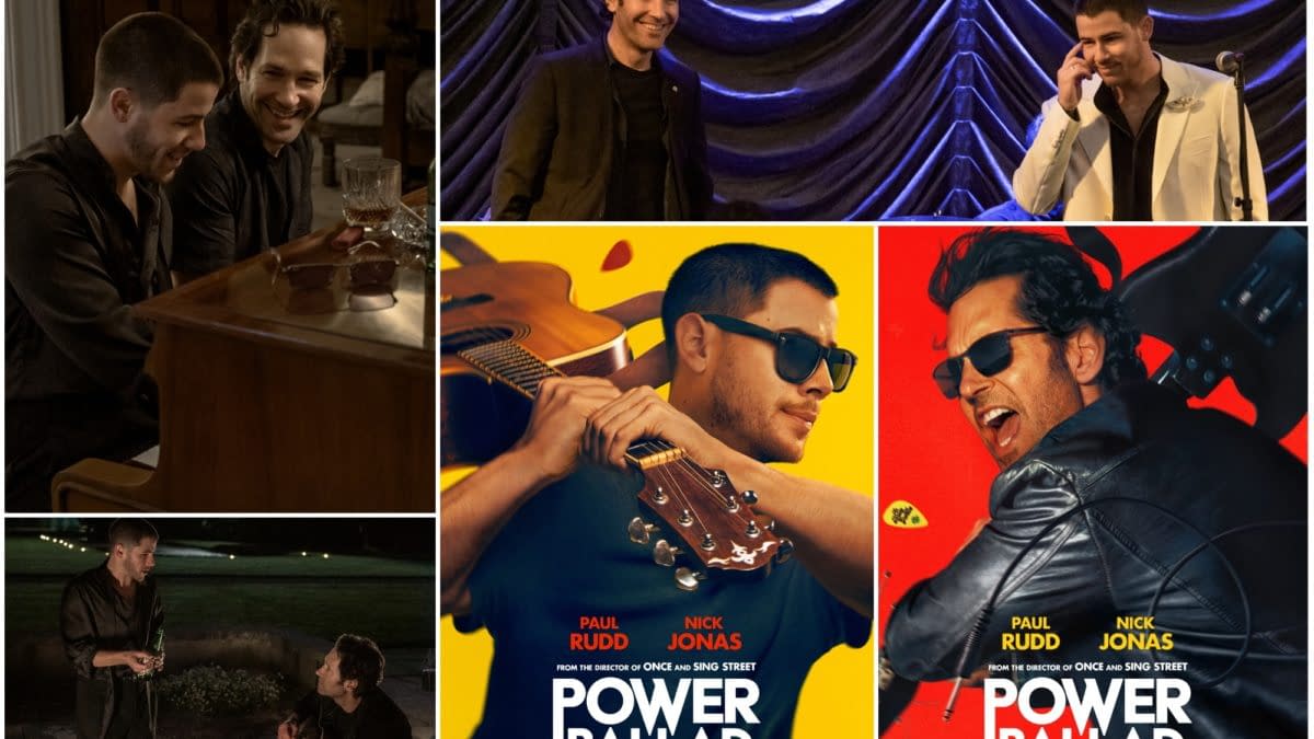 A collage featuring scenes from the film 'Power Ballad,' including actors Paul Rudd and Nick Jonas in various settings, such as a piano and outdoor moments, alongside vibrant posters showcasing the two with guitars. The image highlights the musical theme of the movie.