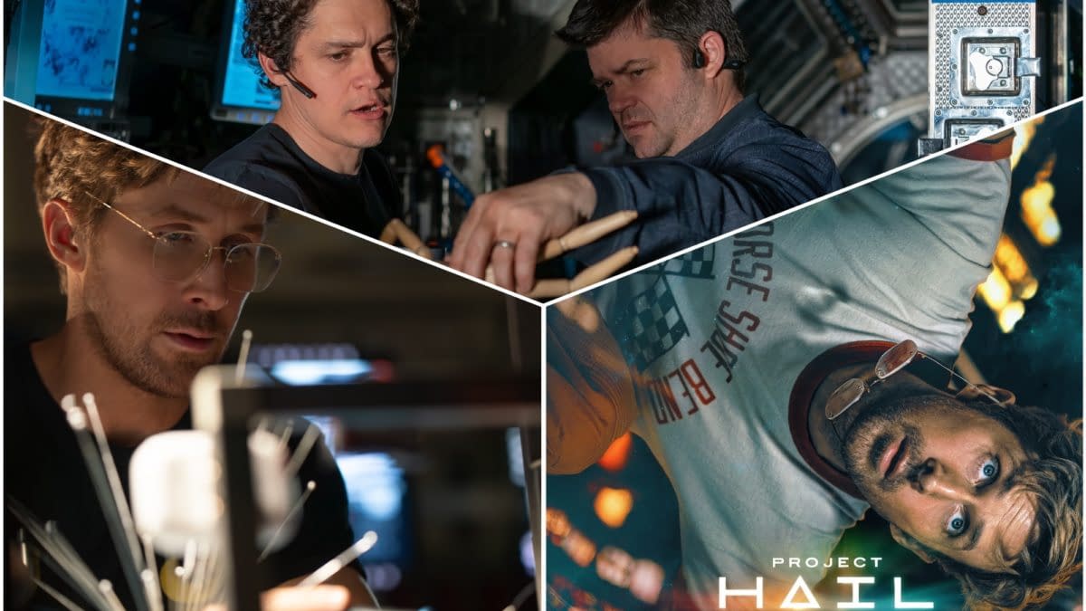 A collage featuring behind-the-scenes moments from 'Project Hail Mary,' showcasing crew members working on set, including a close-up of a man with glasses focused on equipment, and another man assisting a colleague with tools. The image also includes a promotional visual of a character from the project, highlighting the film's sci-fi theme.