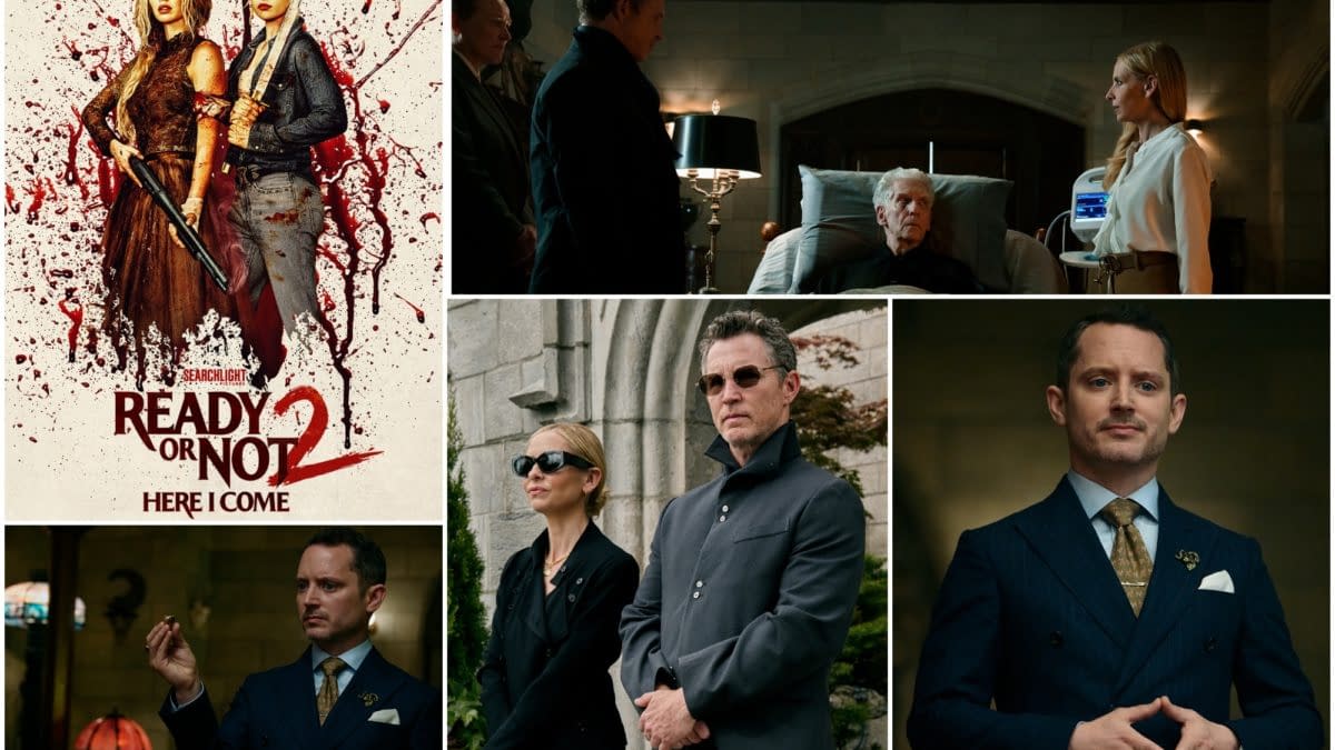 A movie poster for 'Ready or Not 2' featuring two women holding weapons against a backdrop of blood splatters, alongside various scenes including dramatic moments with characters in a mansion setting.