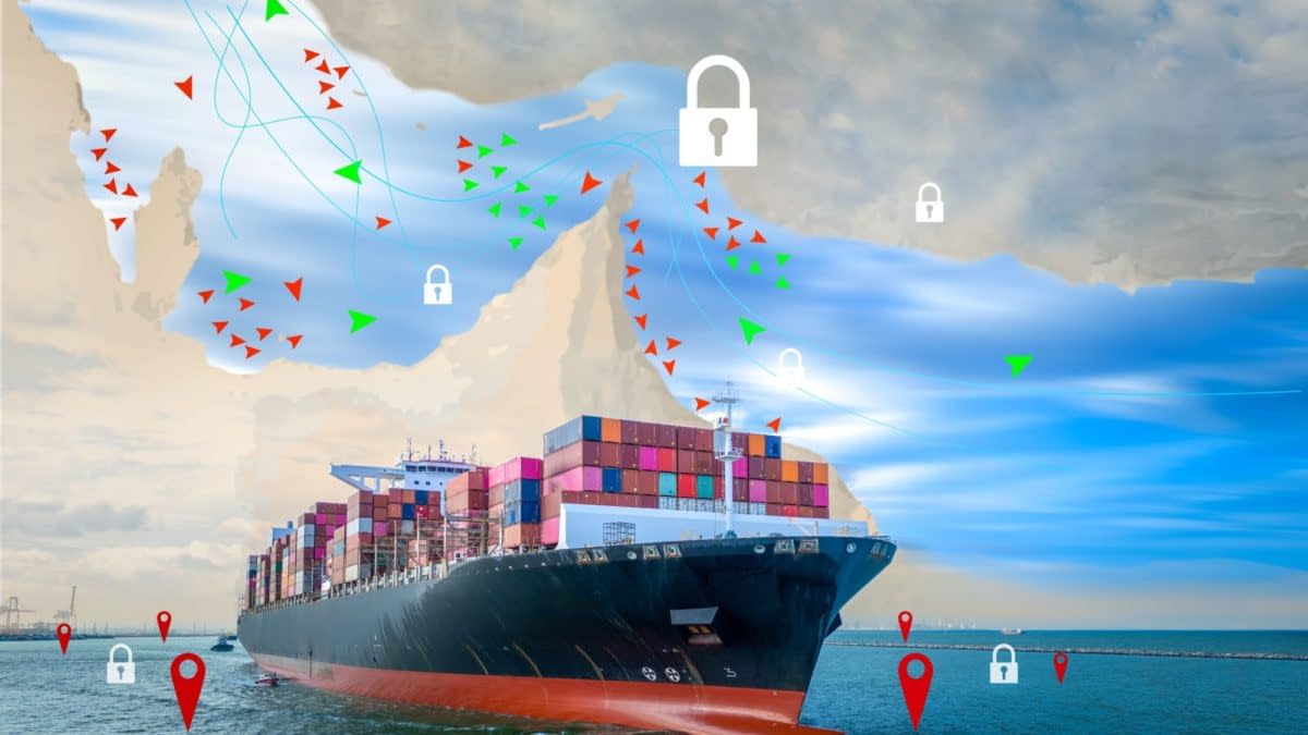 A large container ship with colorful cargo is depicted in a maritime scene, featuring graphics of locks and arrows indicating blocked shipping routes. The background suggests a geopolitical crisis affecting global trade.