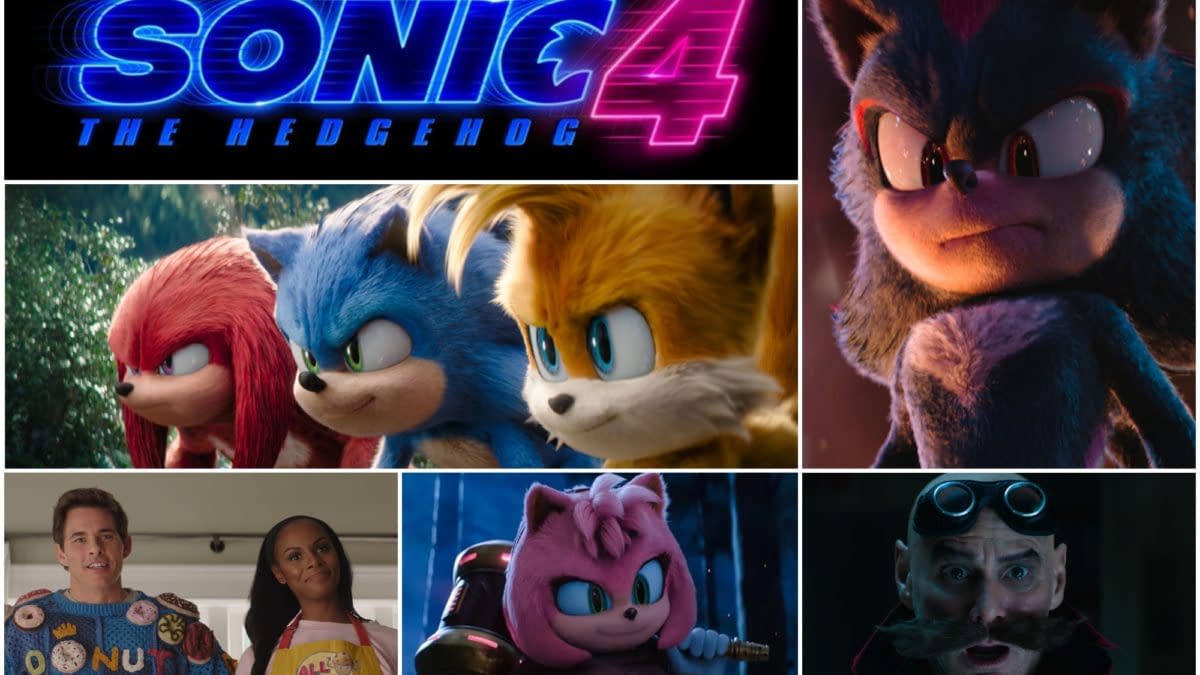A collage featuring characters from 'Sonic The Hedgehog 4', including Sonic, Tails, Knuckles, and Amy, as well as a logo displaying the title in bright colors. The characters exhibit various expressions and poses, hinting at an animated adventure.
