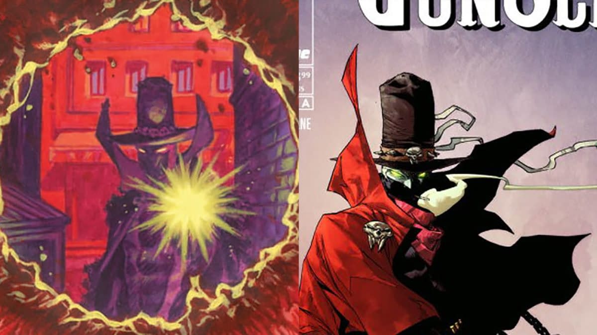 A split image featuring two illustrations of Gunslinger Spawn. On the left, a figure in a dramatic pose emits a bright burst of light, surrounded by vibrant reds and shadows. On the right, the character appears in a detailed, more polished design with a distinctive hat and red cloak, looking menacing yet stylish.