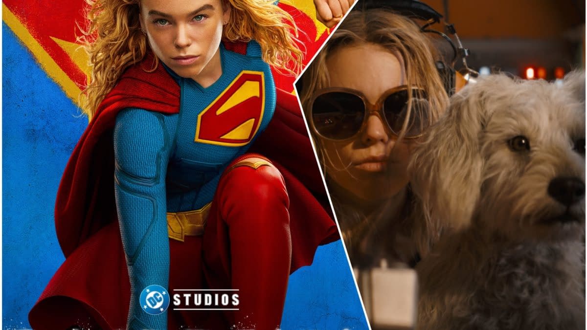 The split image features Supergirl in a blue and red costume with her iconic emblem, set against a colorful background, alongside a scene of a girl wearing sunglasses and a dog, highlighting a blend of superhero and everyday themes.