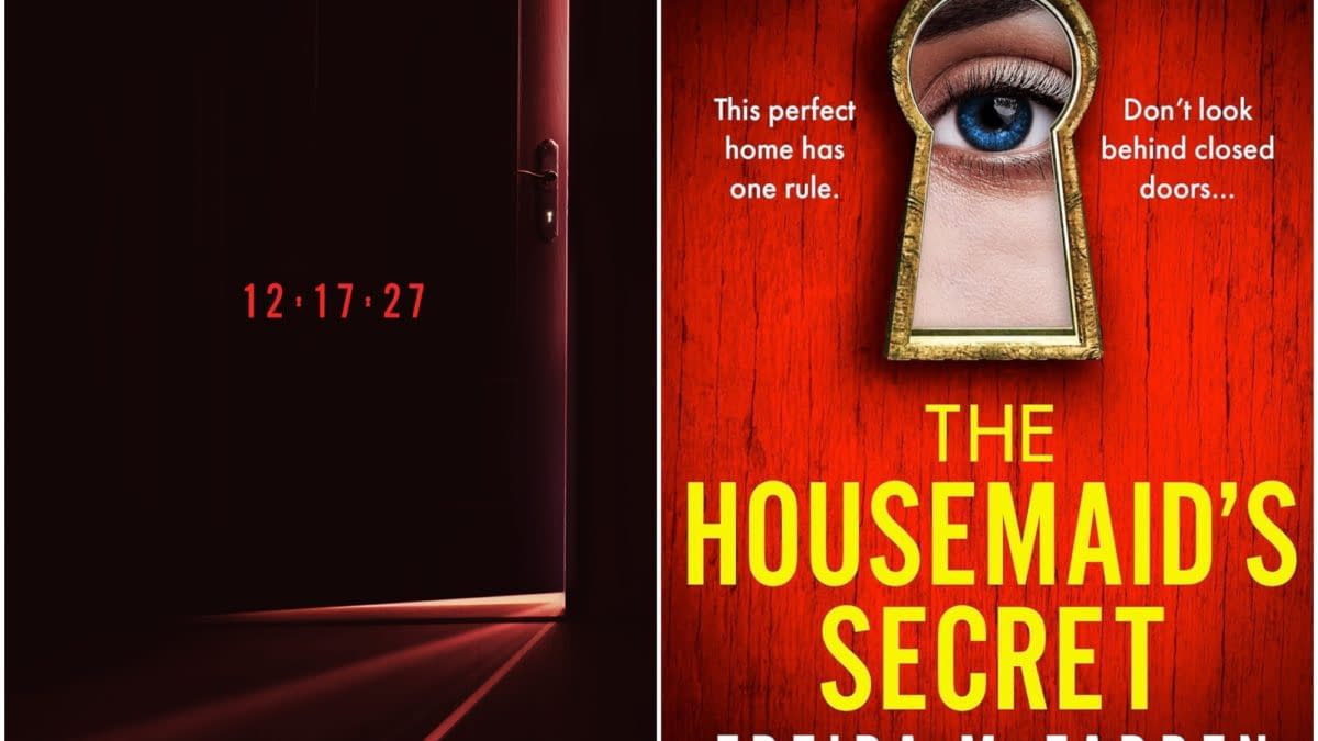 A promotional illustration for 'The Housemaid's Secret' features an ominous door slightly ajar, with a date '12.17.27' in bold red at the bottom. The right side of the image showcases the book cover displaying a keyhole with a blue eye peering through, set against a bright red background.