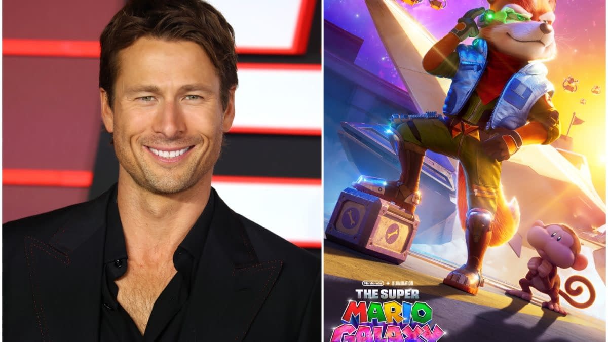 Glen Powell is smiling in a black jacket on the left, while the right features Fox McCloud, an animated fox character in a colorful space setting, showcasing the logo for 'The Super Mario Galaxy Movie' below.