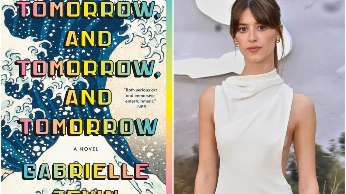 The image features the book cover of 'Tomorrow and Tomorrow and Tomorrow' by Gabrielle Zevin alongside a photograph of actress Daisy Edgar-Jones, who is wearing a stylish, sleeveless white dress. The book cover showcases bold, colorful text against a vibrant background that resembles waves.