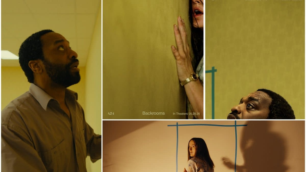 Promotional collage for the horror thriller Backrooms, showing people trapped in yellow, maze-like office spaces with anxious expressions.
