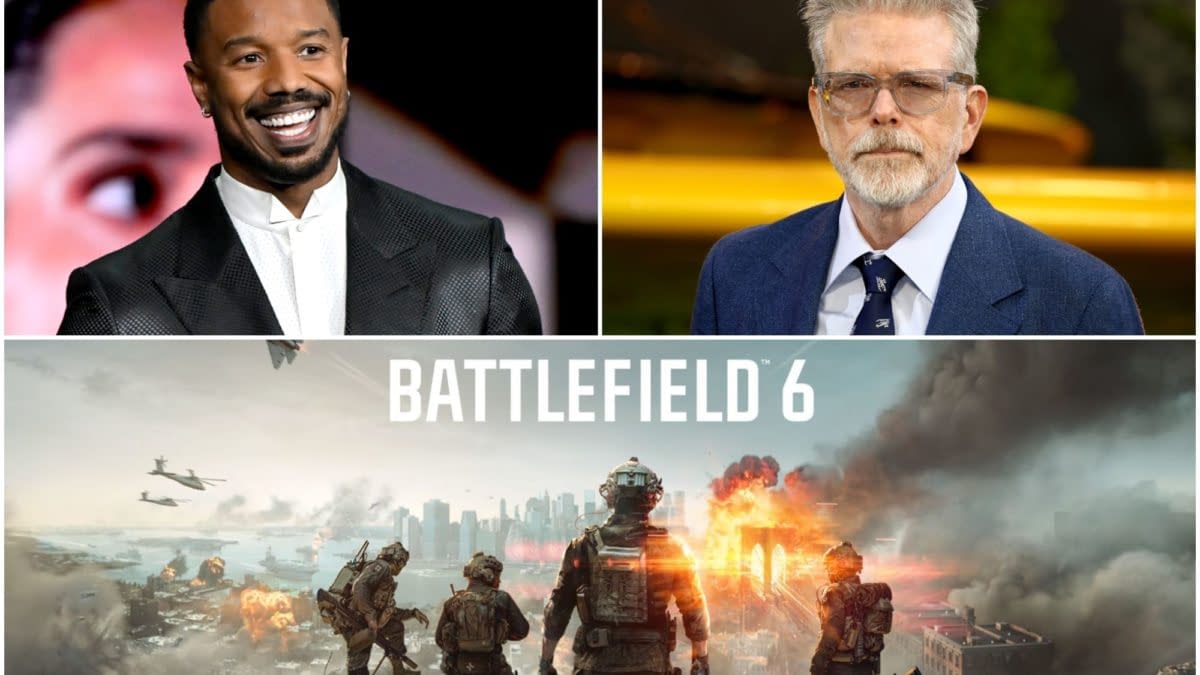 Michael B. Jordan and Chris McKay appear above a Battlefield 6 promo image showing soldiers overlooking a city under attack.