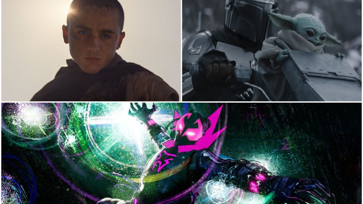 A collage featuring three scenes: a young man with a stern expression against a bright background, the Mandalorian character holding Baby Yoda in a snowy landscape, and a vibrant, stylized animated character in an action pose surrounded by colorful effects. This image represents themes from 'Dune' and 'Spider-Verse'.